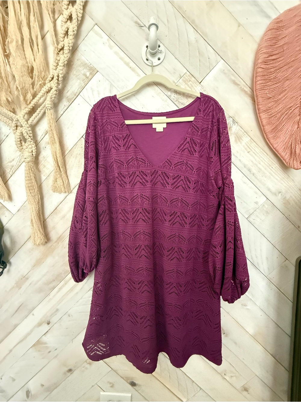 Women's V-Neck Crochet Tunic Top in Plum Maeve Brand